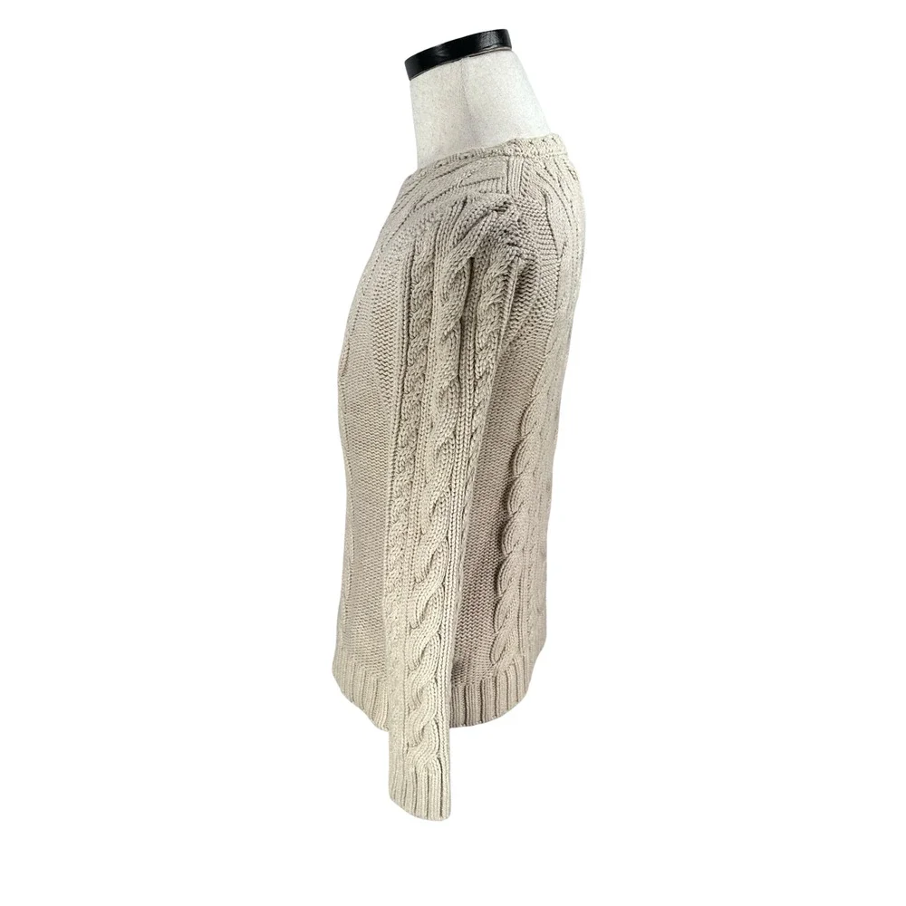 LL Bean Cable‎ Knit Sweater Women’s Medium Beige Tan Cotton Long Sleeve Pullover
